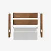 Five separate bed frame components are laid out on a white background, including two wooden side rails, two wooden horizontal panels, and a light gray upholstered rectangular headboard.