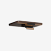 A modern, rectangular ceiling light fixture with a dark wood finish, featuring geometric black and tan accent pieces extending from the center, set against a plain white background.