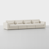 A modern, long beige sectional sofa with four seat cushions, matching back cushions, and four rectangular accent pillows, set against a plain white background.