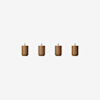 Four identical small wooden cylinder knobs with short metal stems, evenly spaced in a horizontal row on a plain white background.