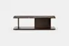 Rectangular coffee table with a dark marble top, wooden base, and central vertical support, displayed against a plain white background.