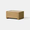 A rectangular wooden side table with a minimalist design, smooth edges, and a light natural finish, placed on a light grey surface against a plain white background.