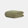 A neatly folded, olive green textured blanket is displayed against a plain white background.