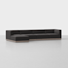 A modern, L-shaped sectional sofa with dark upholstery and a low wooden base, set against a plain white background.