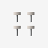 Four identical silver screws with gray, knurled cylindrical heads are evenly spaced in a grid pattern on a plain white background.