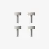 Four identical silver screws with gray, knurled cylindrical heads are evenly spaced in a grid pattern on a plain white background.