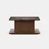 Rectangular coffee table with a dark marble top, a wide center wooden pedestal, and a flat wooden base, set against a plain white background.