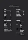 A café menu from Café Thuma lists coffee, teas, specialties, enhancements, and seasonal offerings with prices. The menu is black with white text and displays the café’s address at the top and “Proudly serving Equator Coffees” at the bottom.