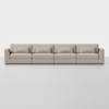 A large, light beige four-seater sofa with wide armrests and matching cushions, set against a plain white background.