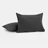 Two dark gray rectangular pillows with a soft, textured fabric are placed on a plain white background. One pillow is upright while the other lies flat behind it.