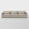 A modern, light beige three-seater sofa with three back cushions and three lumbar pillows, set against a plain white background.