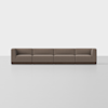 A modern, brown, four-seat sectional sofa with low arms on each end sits on a plain, light gray floor against a white background.