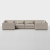 A modern, beige, modular sectional sofa with three seats in the center and wide armrests on both ends, set against a plain white background.