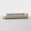 A modern beige sectional sofa with clean lines, low backrest, and a wooden base, positioned on a light gray floor against a plain white background.
