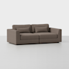 A modern, two-seat brown sofa with rectangular arms and two matching back cushions, set against a plain white background.