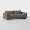 A modern, two-seat brown sofa with rectangular arms and two matching back cushions, set against a plain white background.
