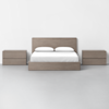A minimalist bedroom featuring a wooden bed frame with white bedding and two matching wooden nightstands, all set against a plain white wall and a light gray floor.