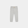 Light gray sweatpants with an elastic waistband, off-white drawstring, side pockets, and elastic cuffs, laid flat on a plain white background.