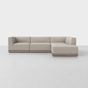 A modern, L-shaped sectional sofa with light beige upholstery and a low wooden base, set against a plain white background and a light gray floor.