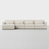 A modern, light beige sectional sofa with four seats and matching rectangular cushions is set against a plain white background. The sofa features clean lines and a chaise lounge on the left side.