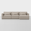 A modern, light beige sectional sofa with three seats and a right-facing chaise lounge, set against a plain white background. The sofa has clean lines, low arms, and comes with matching rectangular cushions.
