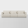 A modern, three-seater sofa in light beige fabric with matching rectangular back and seat cushions, set against a plain white background.