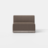 A modern, armless brown loveseat with a simple, boxy design and a wooden base, placed on a light gray floor against a plain white background.