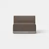 A modern, armless brown loveseat with a simple, boxy design and a wooden base, placed on a light gray floor against a plain white background.