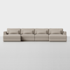 A modern, light beige sectional sofa with four seats and matching rectangular cushions, set against a plain white background.