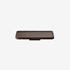 A rectangular, dark brown wooden tray with slightly raised edges and a small black base, set against a plain white background.