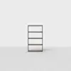 Minimalist dark wood bookshelf with four shelves, standing alone on a light gray floor against a plain white background. The design is simple and modern.