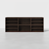 A dark wood rectangular shelving unit with eight open compartments, standing on a light grey floor against a plain white background.