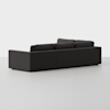 A modern, dark gray sectional sofa with clean lines, viewed from the back, set against a plain white background.