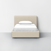 A beige upholstered bed with a white mattress, white sheets, and a white pillow, positioned against a plain white wall in a minimalistic room with a gray floor.