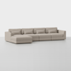 A modern, light beige sectional sofa with a left-facing chaise lounge, clean lines, and five seat cushions against a plain white background.
