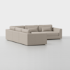 A modern, L-shaped sectional sofa with light beige upholstery, low backrests, and clean, straight lines, set on a smooth, light gray floor against a plain white background.