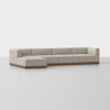 A modern L-shaped sectional sofa with light beige upholstery and a wooden base, placed in a minimalistic, empty room with a light gray floor and white background.