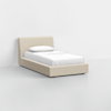A modern single bed with a beige upholstered frame, white bedding, and a single pillow, set against a plain white background in a minimalistic room.