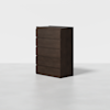 A modern, dark brown wooden dresser with five drawers stands on a light gray floor against a plain white background.