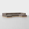 A modern L-shaped sectional sofa with brown cushions and a light wooden base, placed on a smooth, light gray floor against a plain white background.