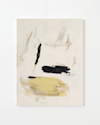 Abstract painting featuring broad brushstrokes in black, beige, and pale yellow on a light cream background. The composition is minimalist, with soft, blended areas and bold, textured shapes.