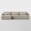 A modern, light beige sectional sofa with three seat sections, low arms, and matching rectangular back cushions, set against a plain white background.