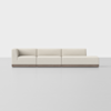 A modern, minimalist beige sectional sofa with three seats and a right-side chaise lounge, set on a low wooden base against a plain white background.