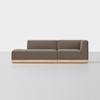 A modern brown sectional sofa with a left chaise, low wooden base, and clean lines, set against a plain white background.