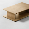 A modern rectangular wooden coffee table with clean lines, featuring a flat top surface and an open lower shelf set on a smooth, light-colored floor.