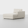 A modern, beige upholstered chaise lounge with a single right-side armrest and a matching back cushion, set on a plain light gray background.