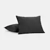 Two black square pillows with subtle stitching detail, placed on a plain light gray background. One pillow is upright while the other is lying flat, partially behind the first.