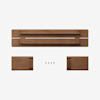 A disassembled wooden wall shelf with two side panels, a long rectangular back panel, and four screws arranged on a white background.