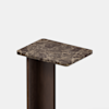 A modern side table with a rectangular, dark brown marble top and a matching dark wooden base, set against a plain white background.
