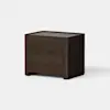 A modern, dark wood nightstand with clean lines and two drawers, set against a plain white background.